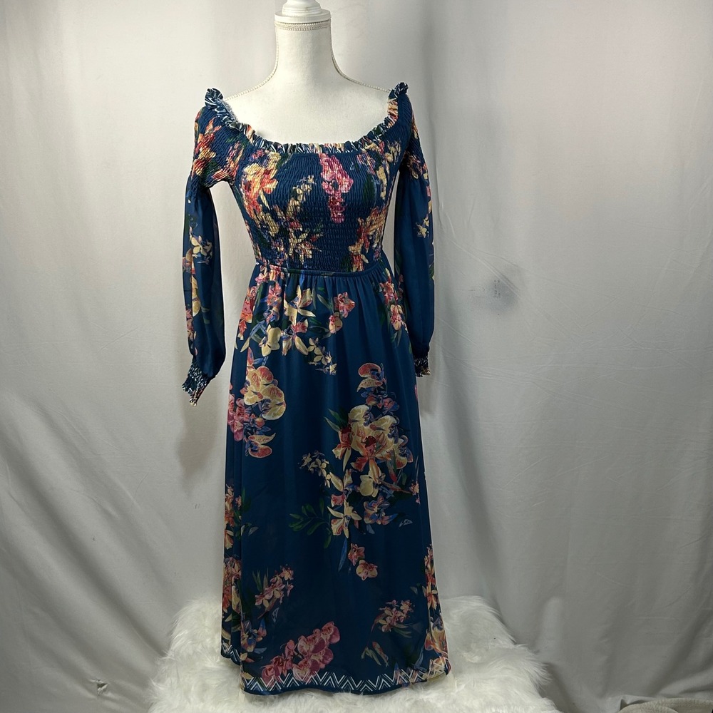 Floral Maxi Dress Long Sleeve Off Shoulder Smocked Bodice Romantic Boho